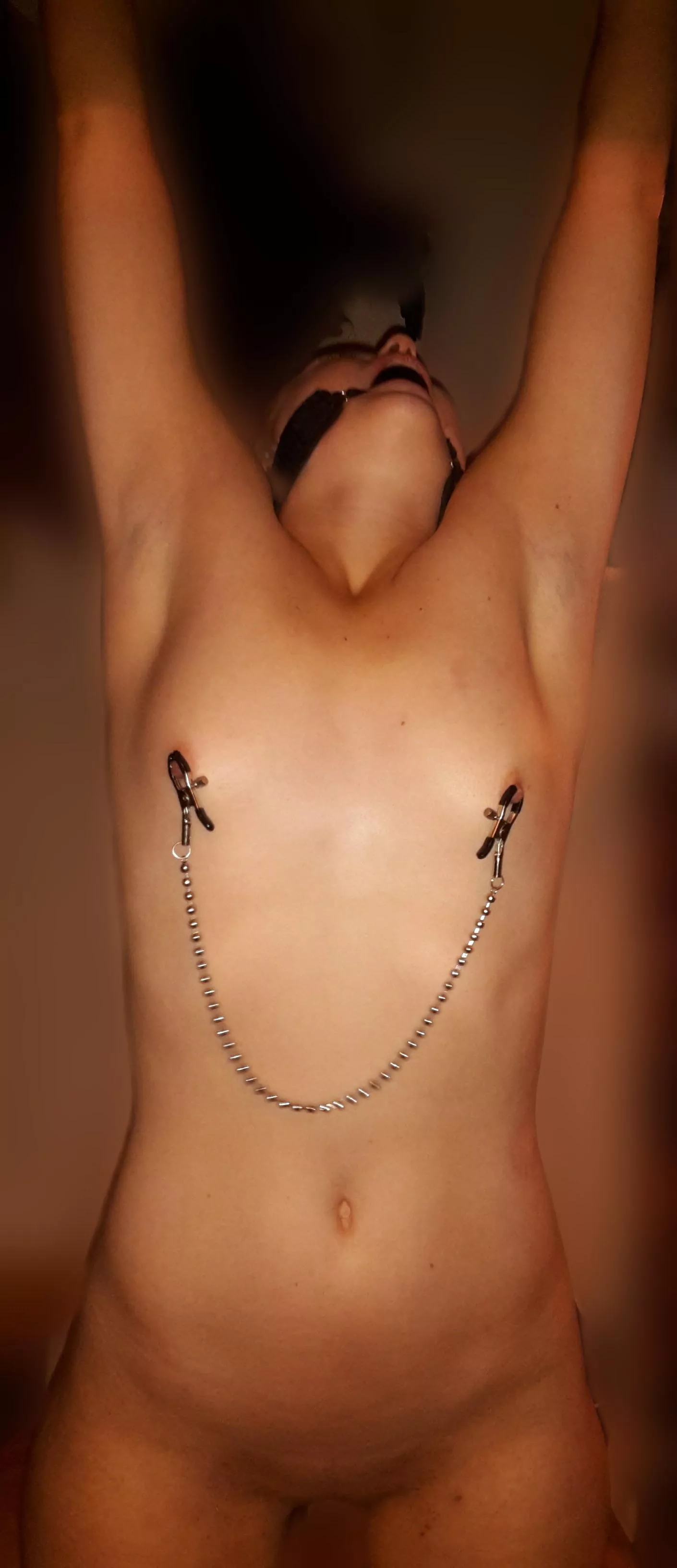 Tied to the ceiling makes the boobs even smaller...