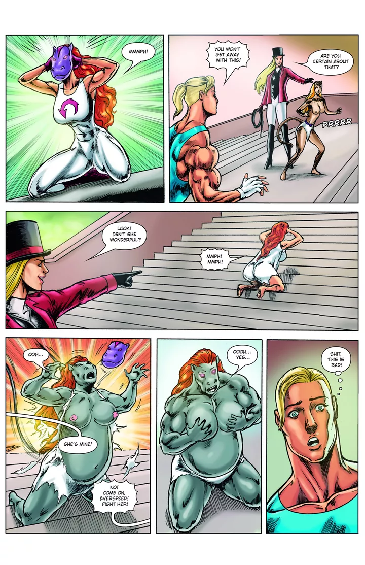 Half-animal Heroines (F Humans > F hippo, F cat, F elephant) (clothes ripping, weight gain, mind control) [comic preview]