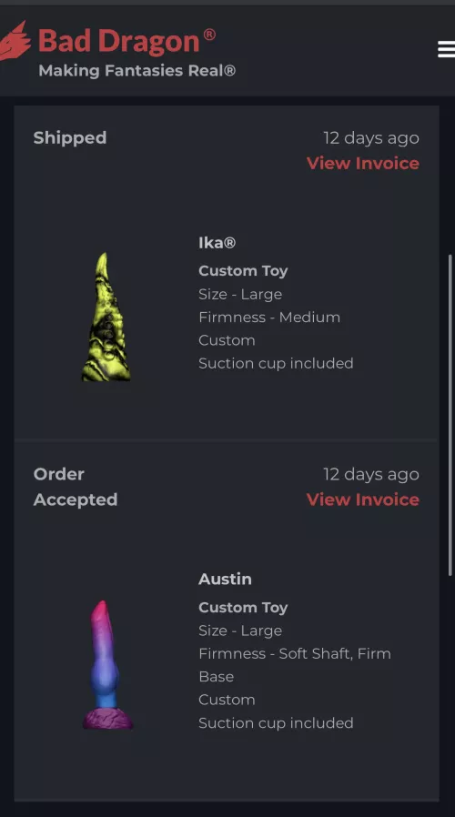 Just got my email that one of my orders has shipped!!! I’m so excited! Ordered on Black Friday and shipped 12 days later! My spoiled self is used to prime 2 day so waiting for something custom has been killing me! I have no doubt that bad dragon staff 