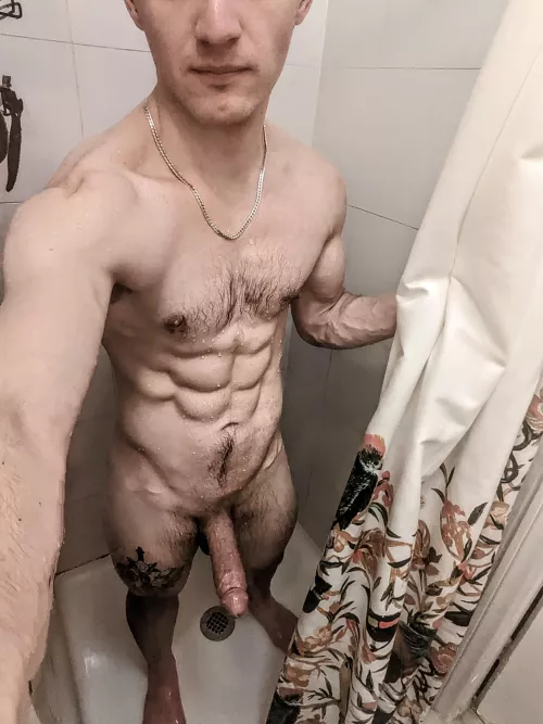 Shower's small, so we'll have to squeeze in. 😏