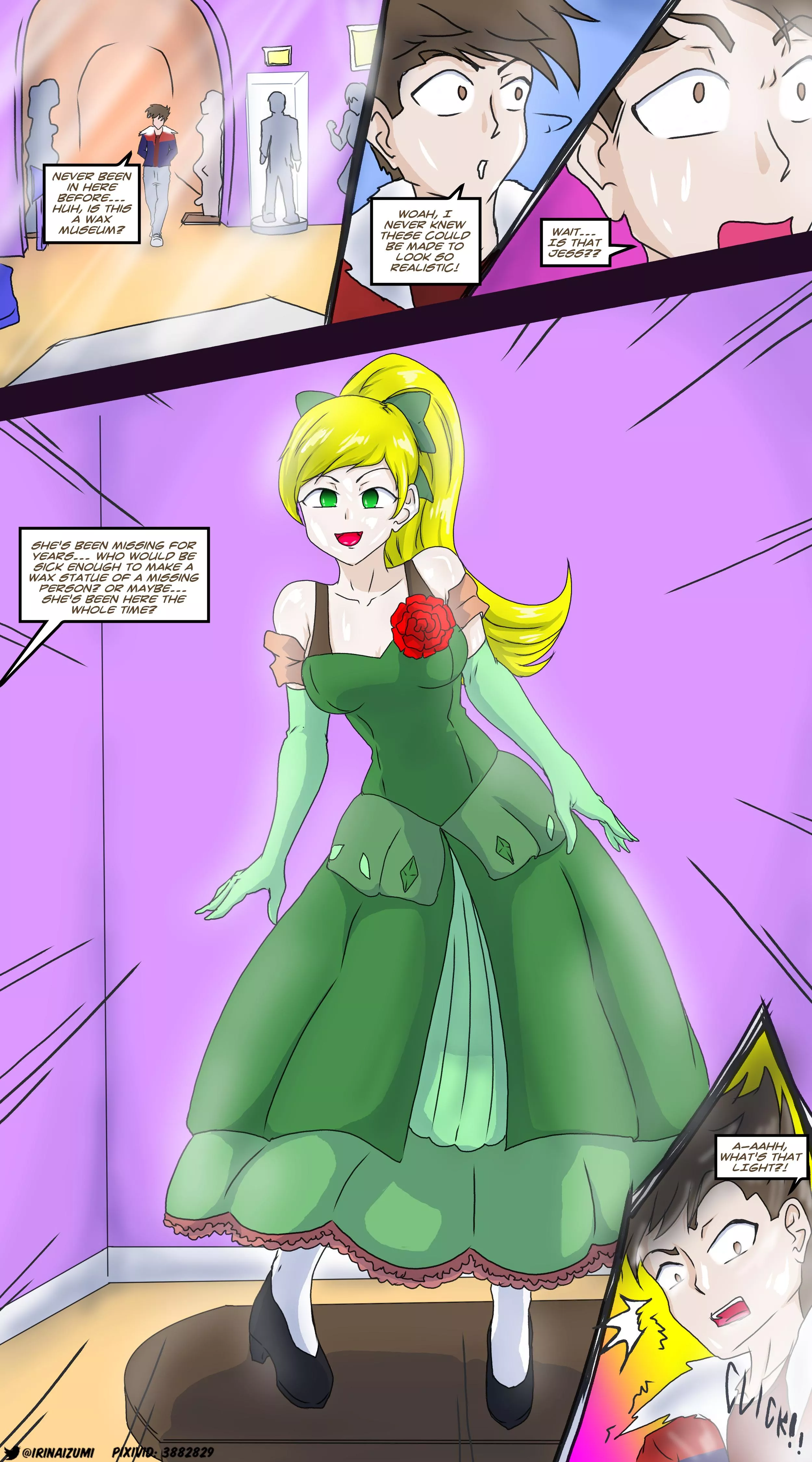 finds his missing girlfriend in a wax museum turned into a wax statue and he is next (TF/TG)