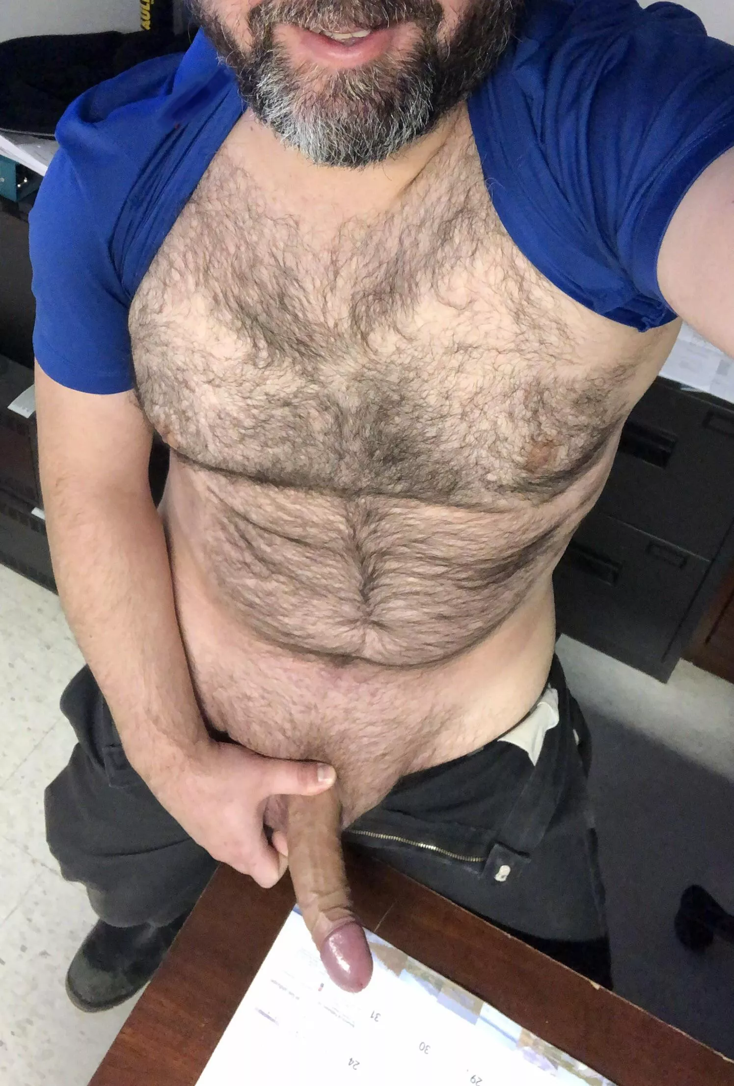 If we were at work, would you think it was weird, if you rode my big boner while stroking my beard?