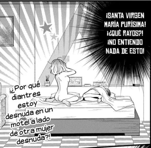 LF Mono Source: 2girls, nude, star, bed, short hair, hands on own head, room, sideboob, sitting, sleeping, ass, feet, yuri (?), foreign text 