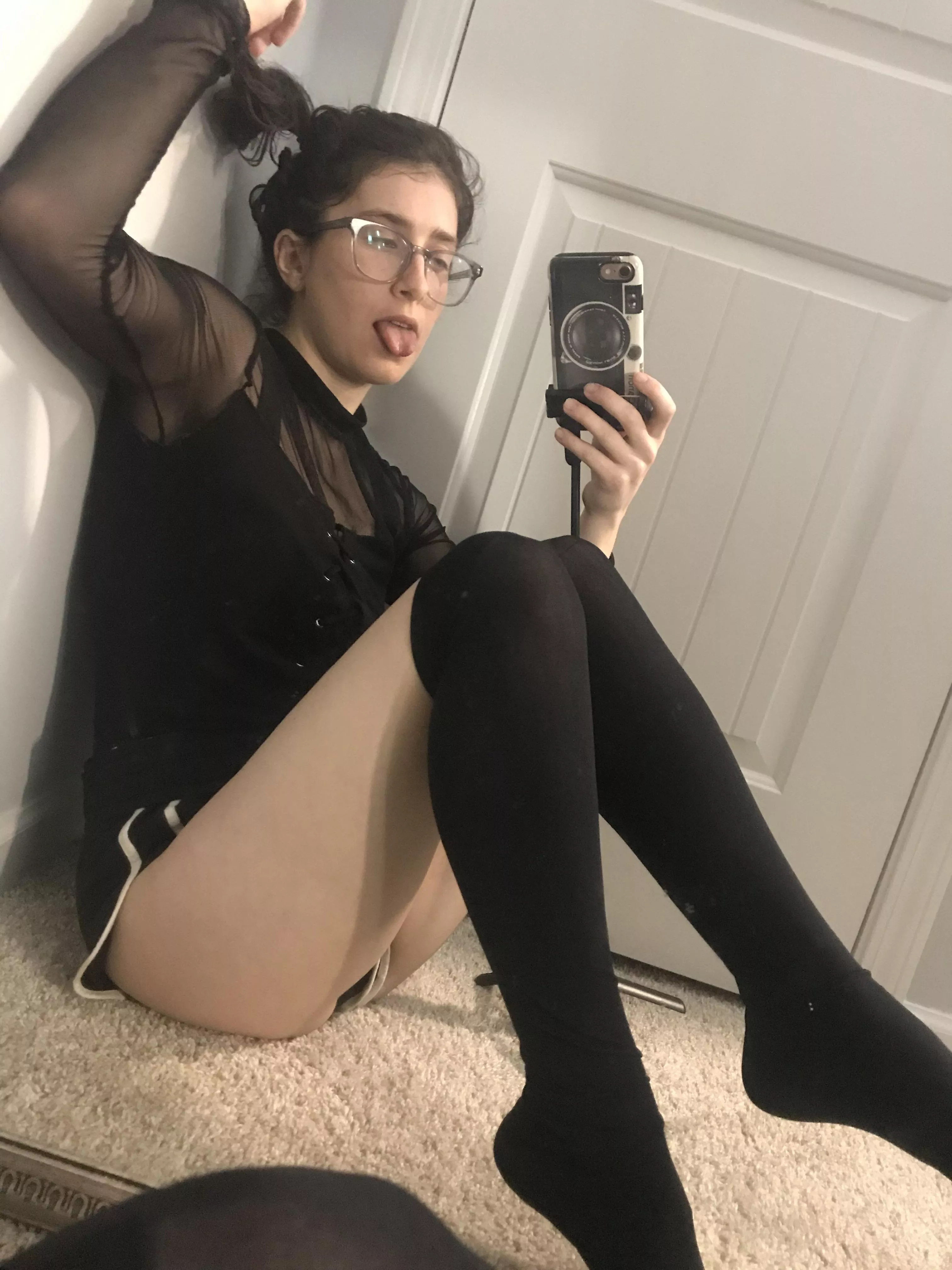 Black thigh highs and a bodysuit + semi ahegao
