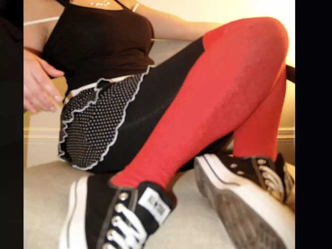 Black tights, red over the knee socks and sneakers! Perfect