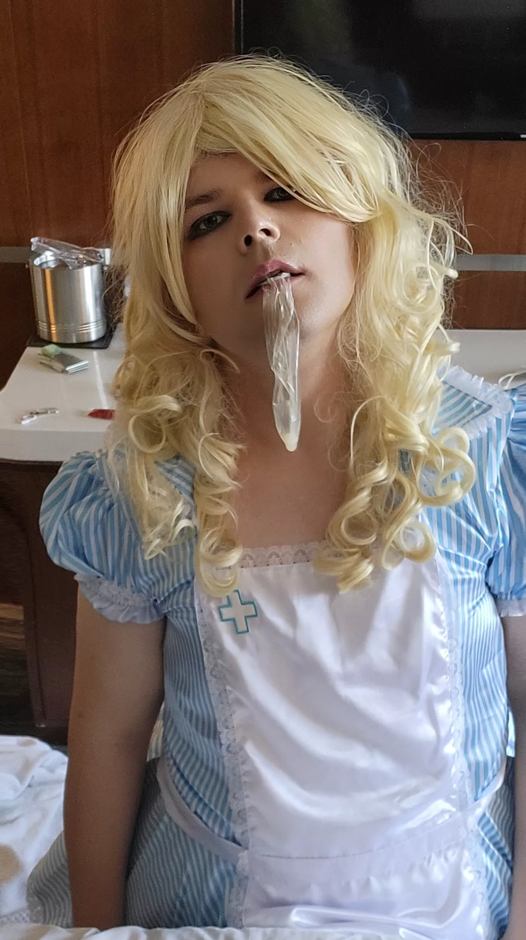 Cum dumb sissy goes blank before she finishes drinking her condom.