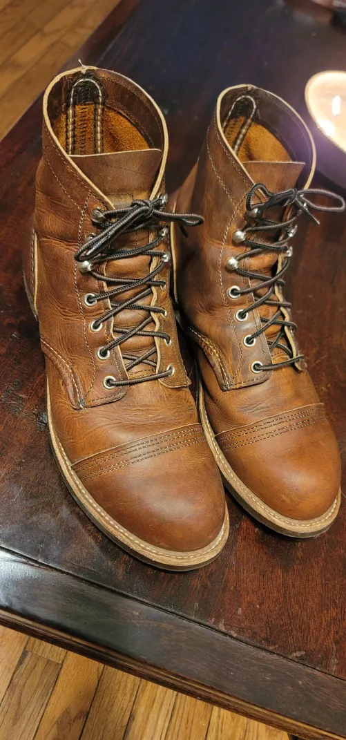 Iron Ranger Copper R&T treated after 3 months of wear. Used Venetian shoe cream for treatment. Boots have broken in nicely and are getting more and more comfortable to wear. by far the best boots I've ever owned...
