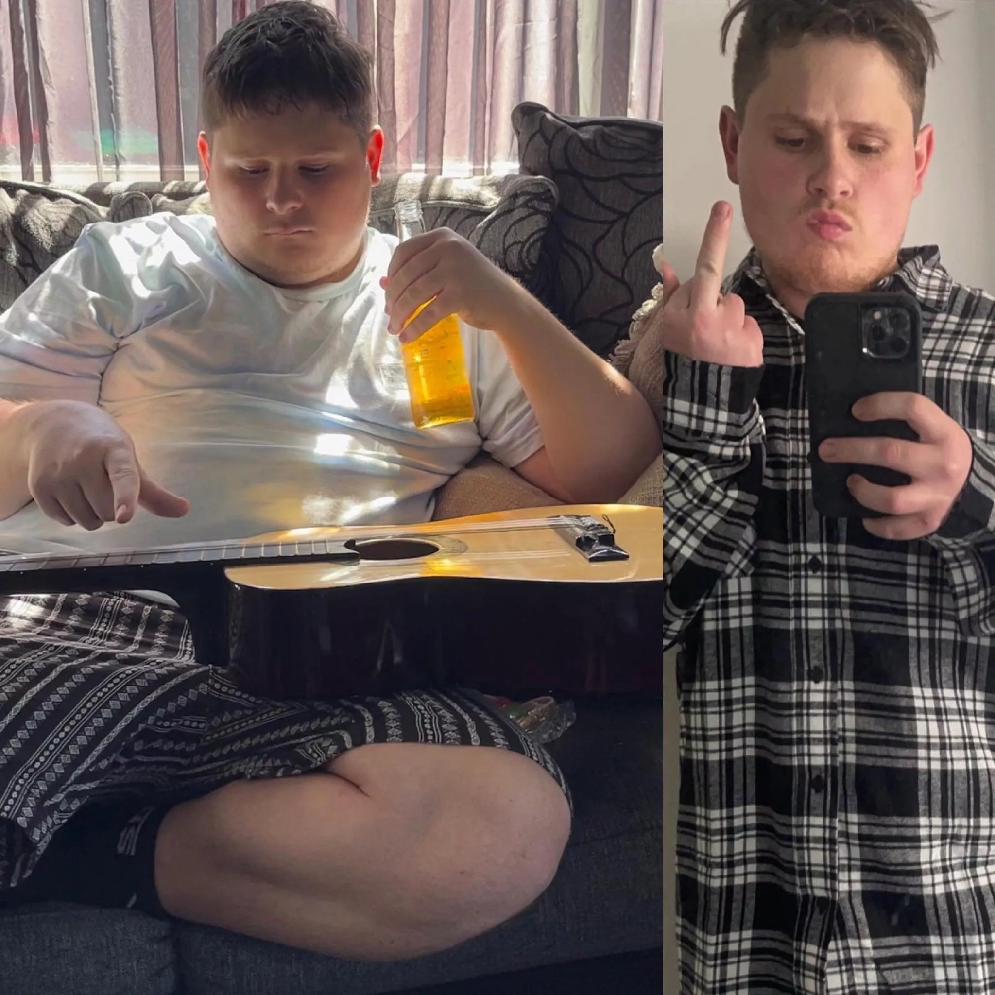 My weight loss progress. Have lost 20kg since that first photo. Still a bit to go but proud of myself and wanted to share with someone 😅 (mind me pulling the finger) 🤣