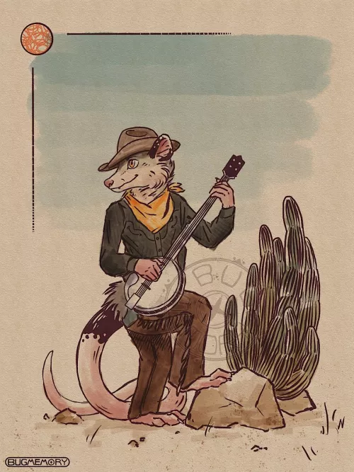 Southwestern portrait of an opossum character playing banjo! [art by me]