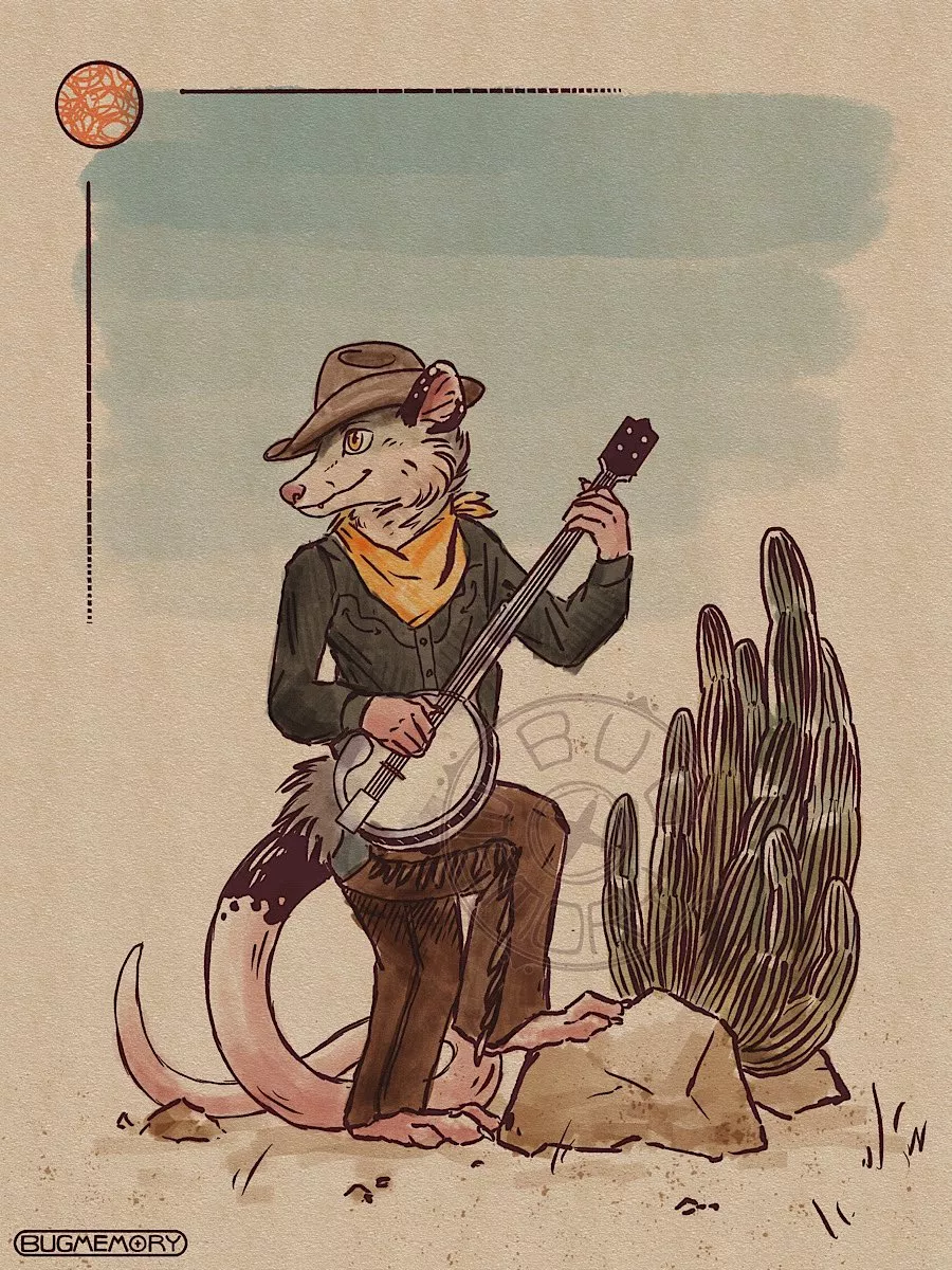 Southwestern portrait of an opossum character playing banjo! [art by me]