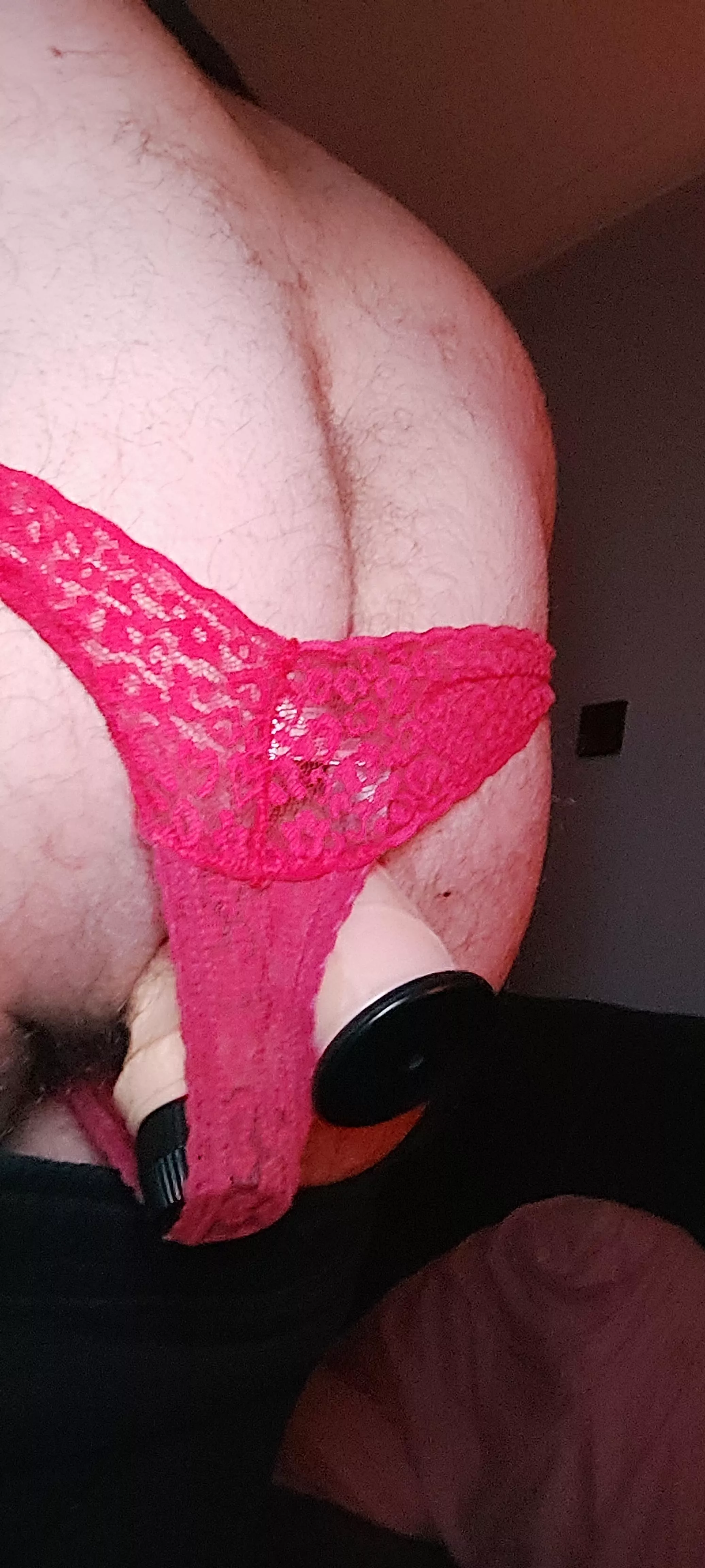 Using panties to hold 2 huge dildos in my arse