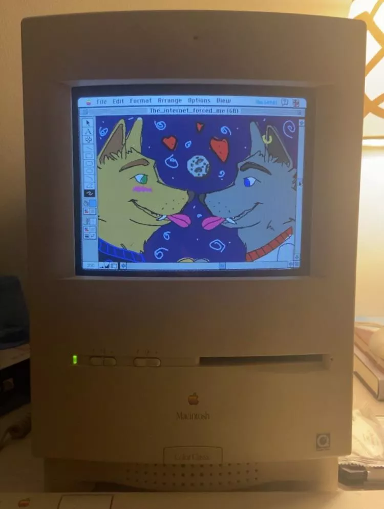It took 5 hours using a mechanical mouse, but I used a 1991 Macintosh color classic to make some furry art!
