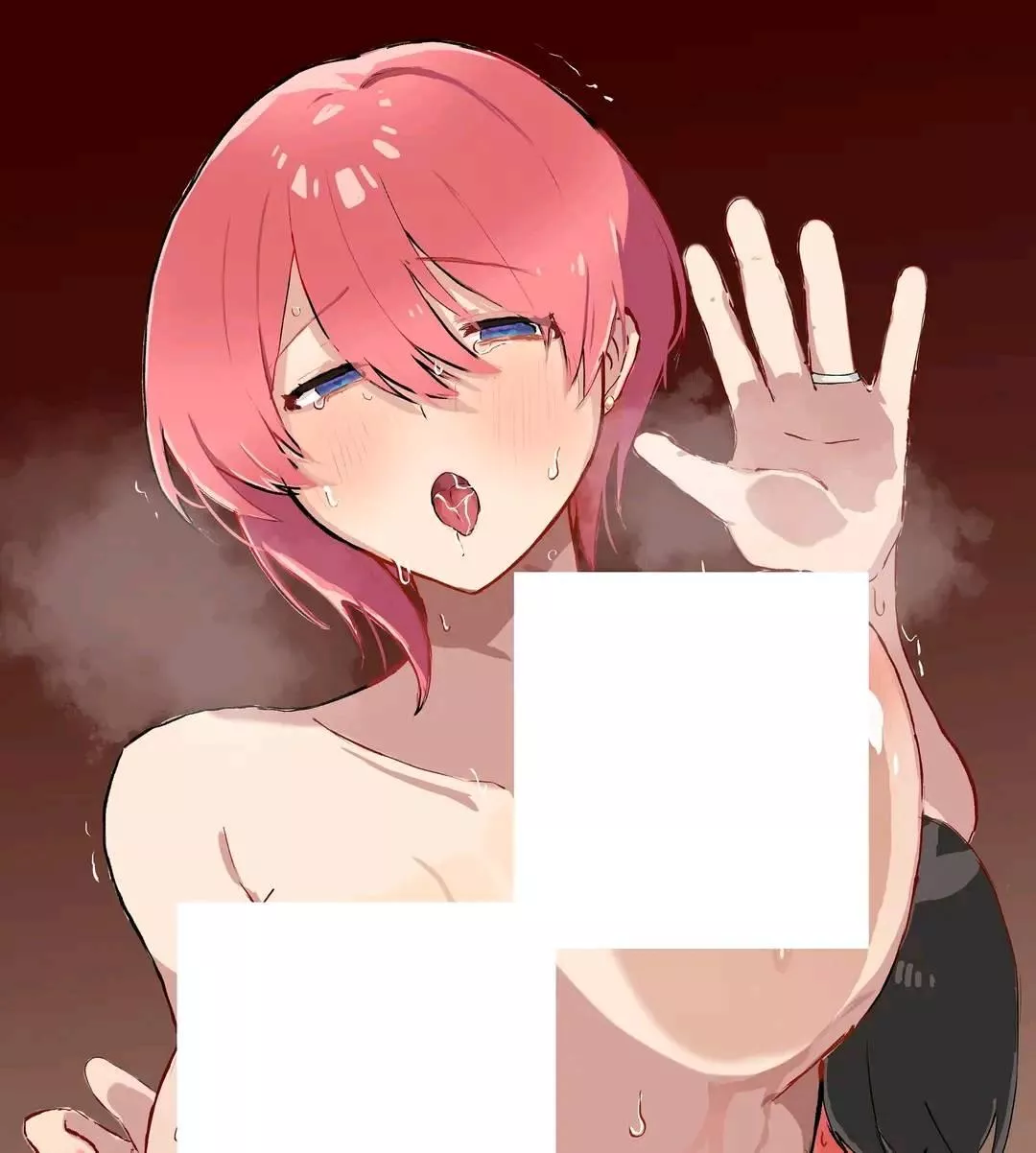 LF Color Source: 1girl, red hair, pink hair, short hair, blue eyes, breasts on glass, hand on glass, against glass, breast press, large breasts, sweat, tongue out, open mouth, breath, saliva, ring, looking at viewer, hair between eyes