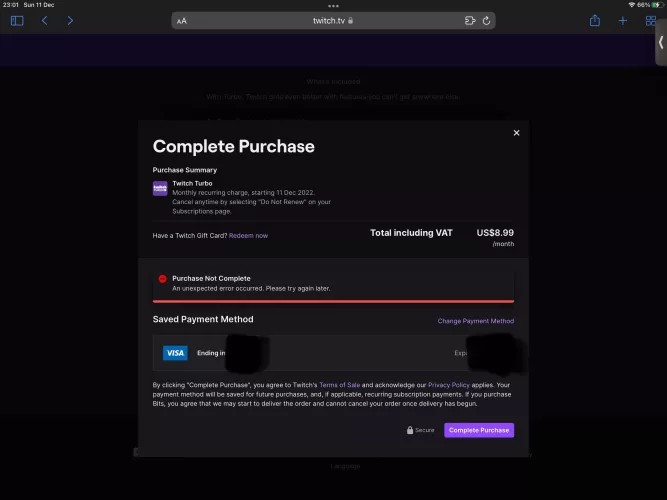 My twitch prime expired this past hour, and now I get this error when I try to renew. Any tips?