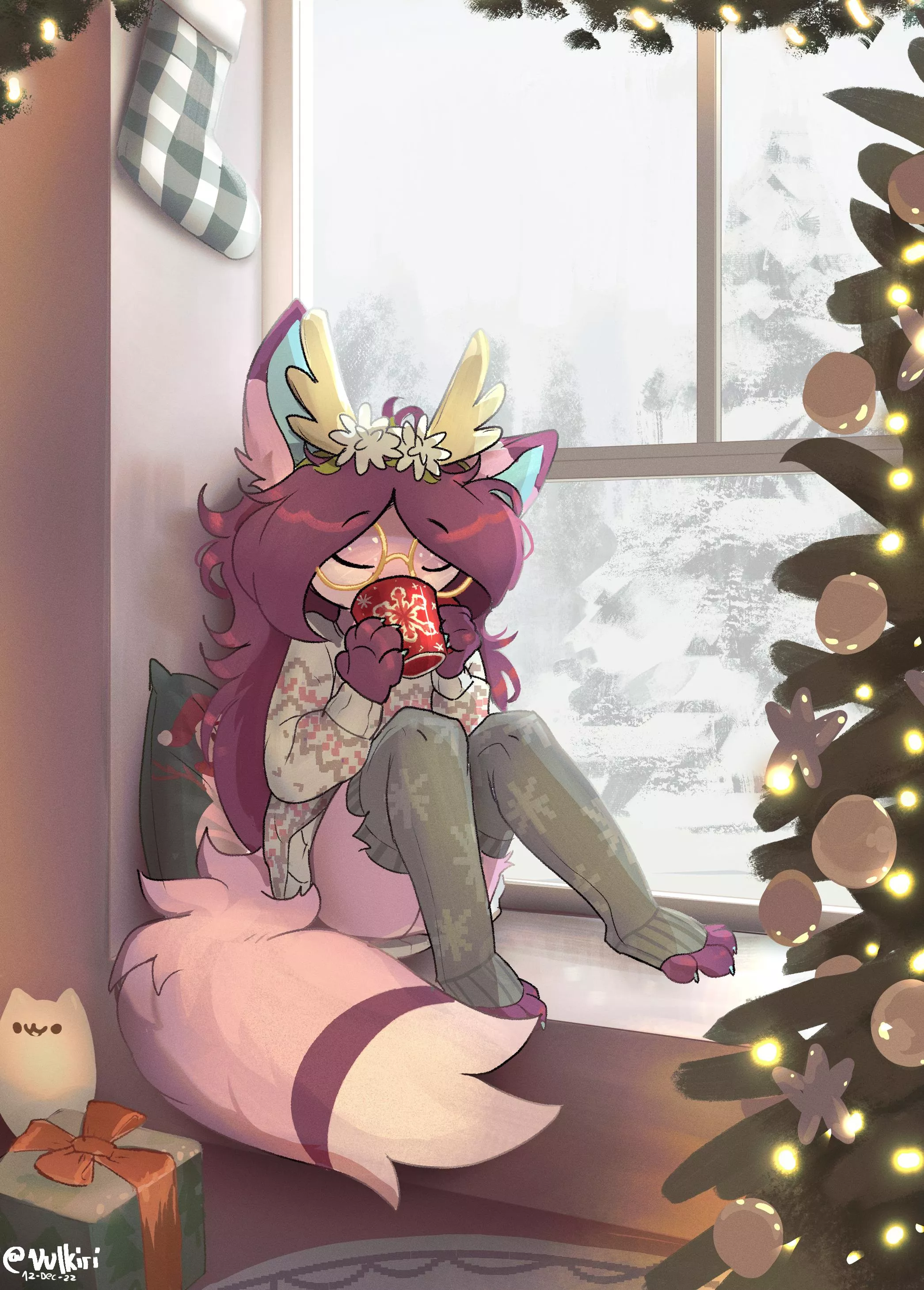 Christmas eve morning ^^ Featuring my fursona Kiri having hot chocolate! :3 | Art by me @Vulkiri on Twitter