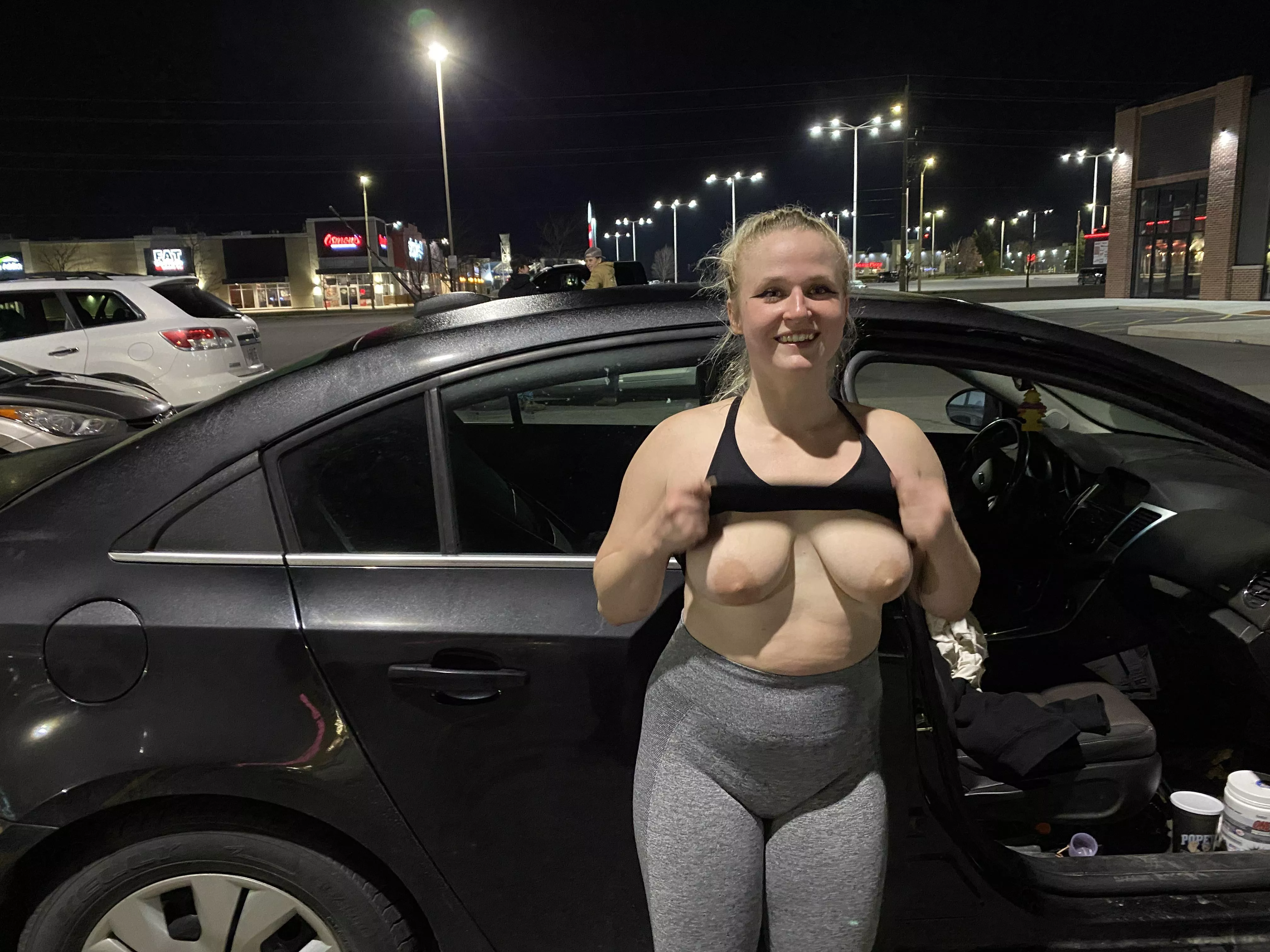 flashing the parking lot my titties after the gym