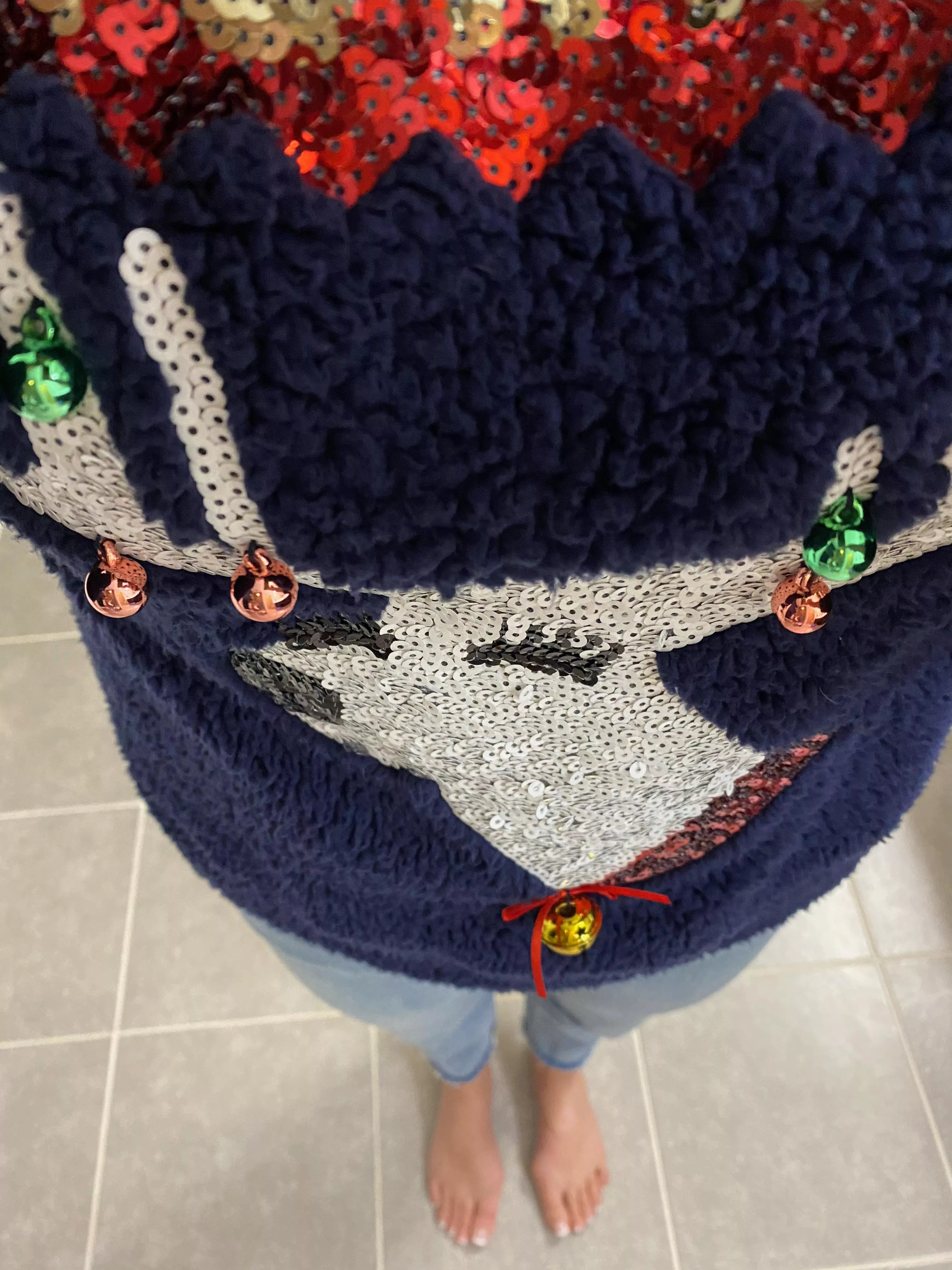 My sweater or my toes getting more attention at the office ugly sweater party?