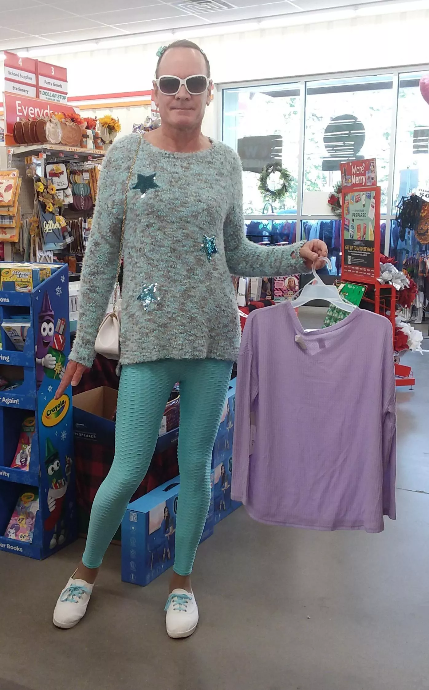 Shopping wearing my textured leggings over my pantyhose.