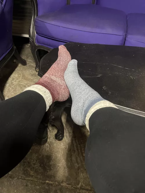 Sneaky socks in the break room. Imagine these thick babies after a long bartending shift 😌