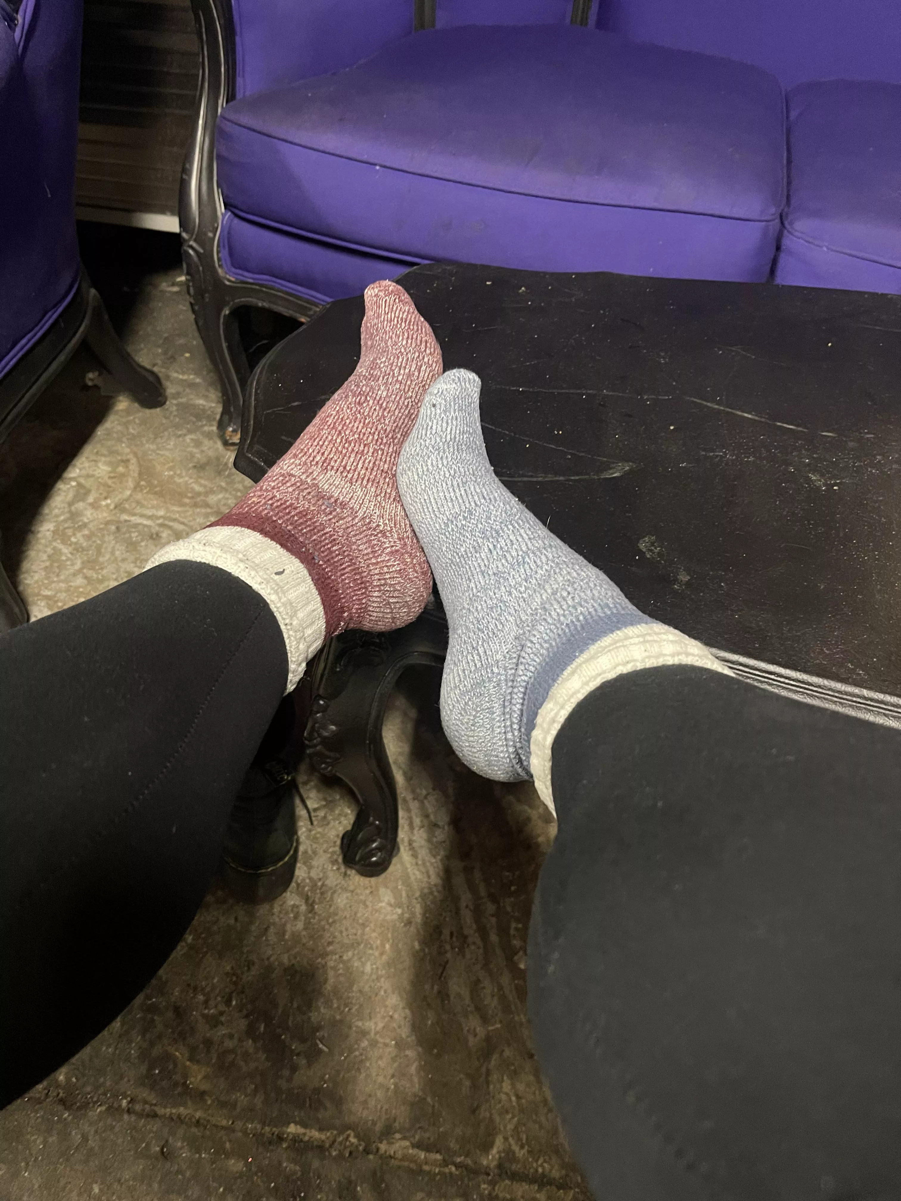 Sneaky socks in the break room. Imagine these thick babies after a long bartending shift 😌