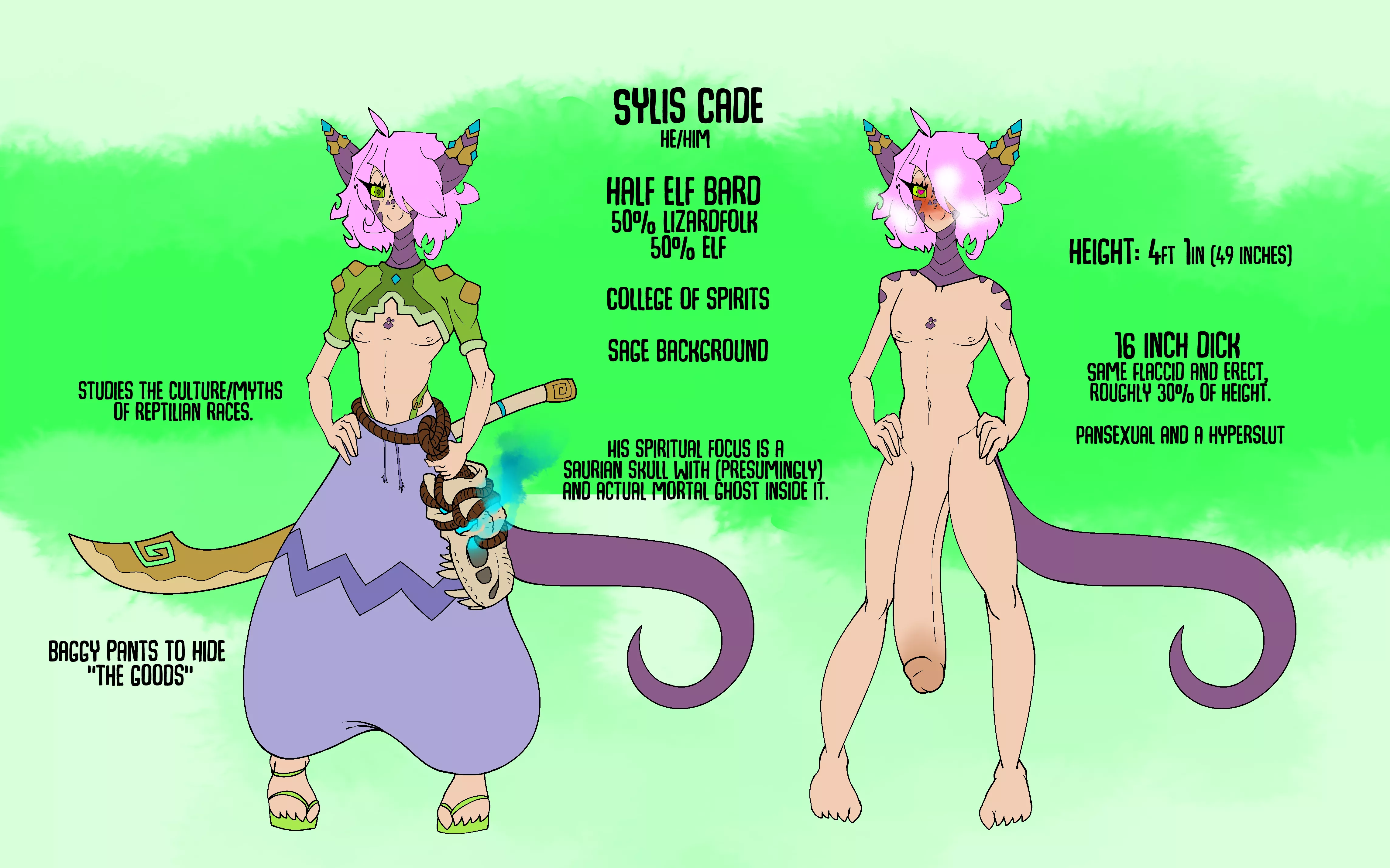 Sylis Cade, my new half elf/half lizardfolk femboy slut bard. Art by me.(@Theropod_art)