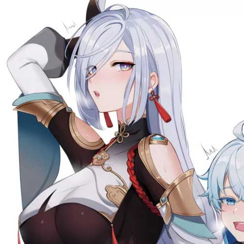 LF Color Source: 1boy, 1girl, ahoge, arm up, bangs, blue eyes, blue hair, bodystocking, breath, chongyun, genshin impact, grey hair, hair over one eye, jewelry, large breasts, open mouth, shenhe, simple background, tassel earrings, white background