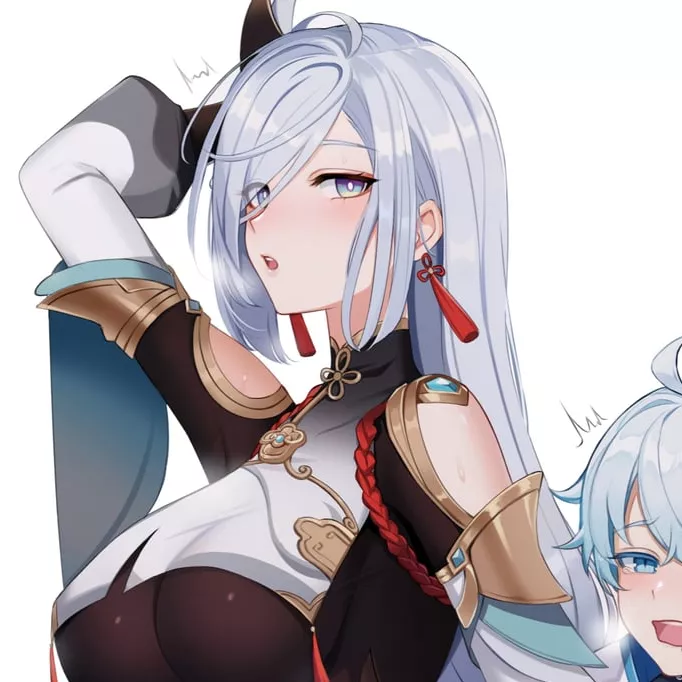 LF Color Source: 1boy, 1girl, ahoge, arm up, bangs, blue eyes, blue hair, bodystocking, breath, chongyun, genshin impact, grey hair, hair over one eye, jewelry, large breasts, open mouth, shenhe, simple background, tassel earrings, white background