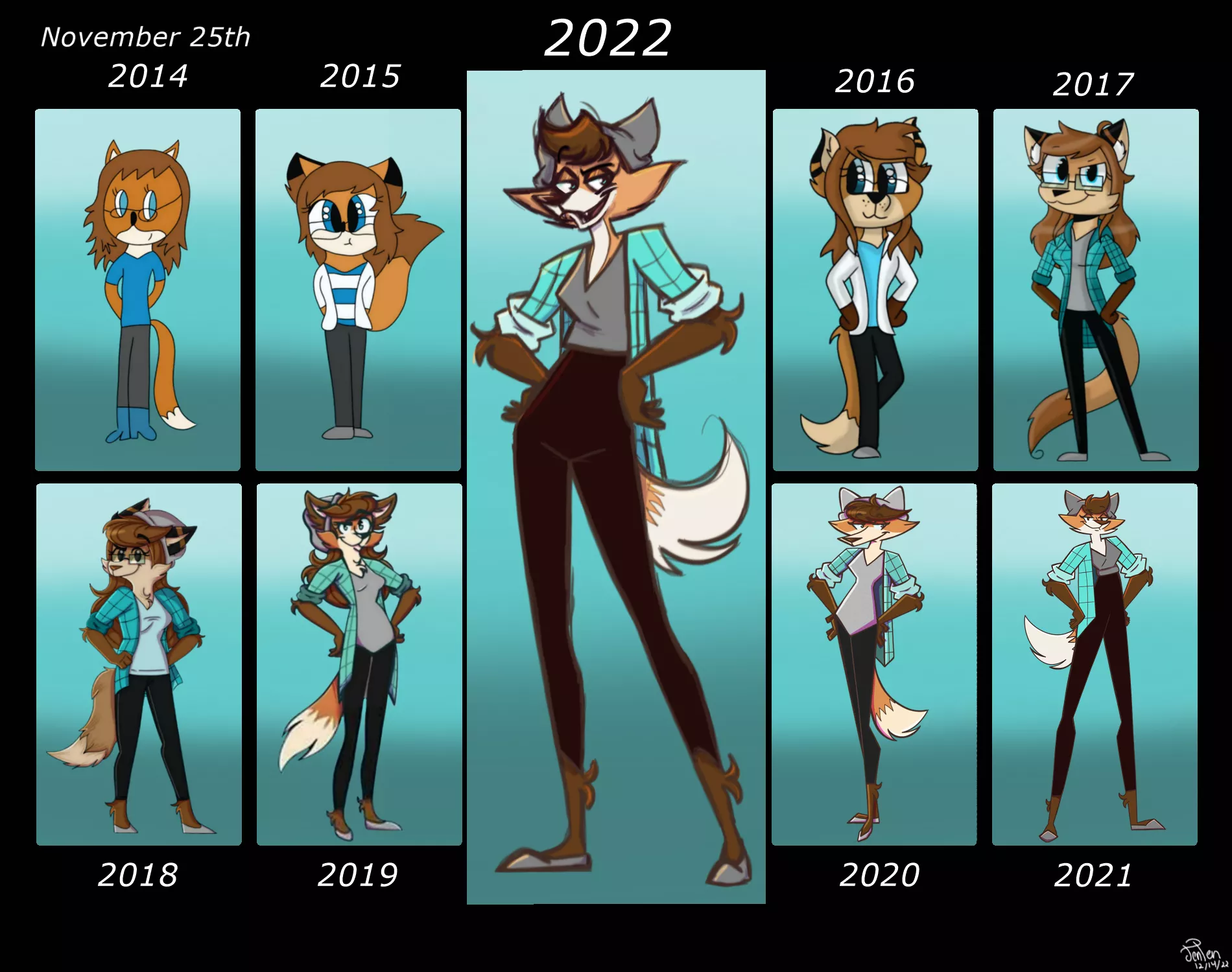 Since 2020, I felt that my art was going backwards and I was barely improving. The 2020 and 2021 versions were complete disasters, which worsened my art block. However, I finally feel like I'm back to where I want to be. 2022 Janet is not perfect, but g