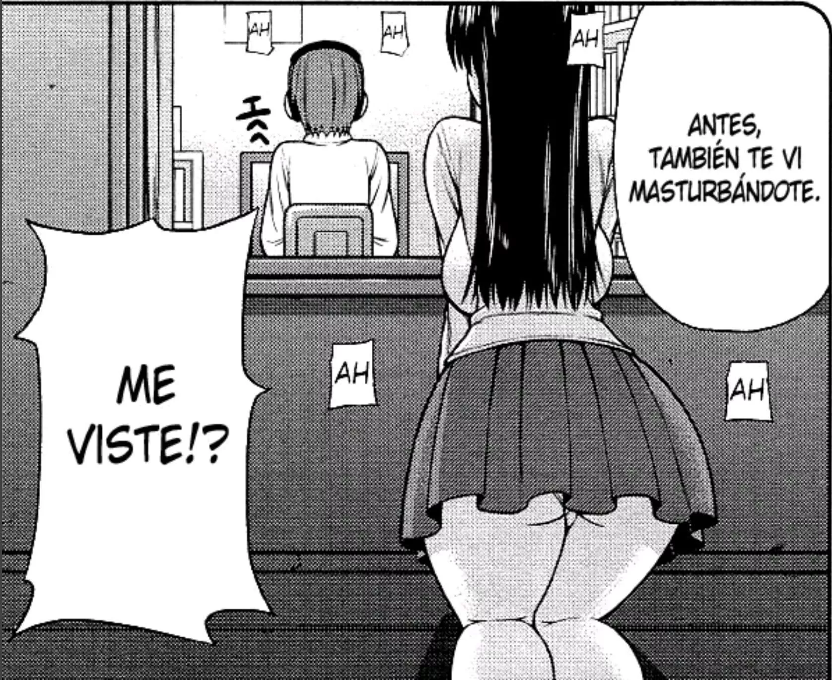 LF Mono Source: 1boy, 1girl, headphones, skirt, from behind, black hair, long hair, short hair, kneeling, ass, panty peek, chair, screen, caught, foreign text 