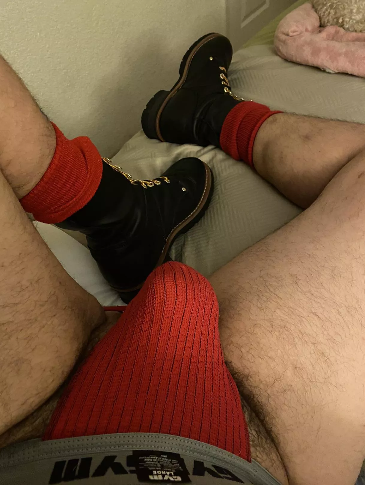 Love my bulge in his red jock with my boots.