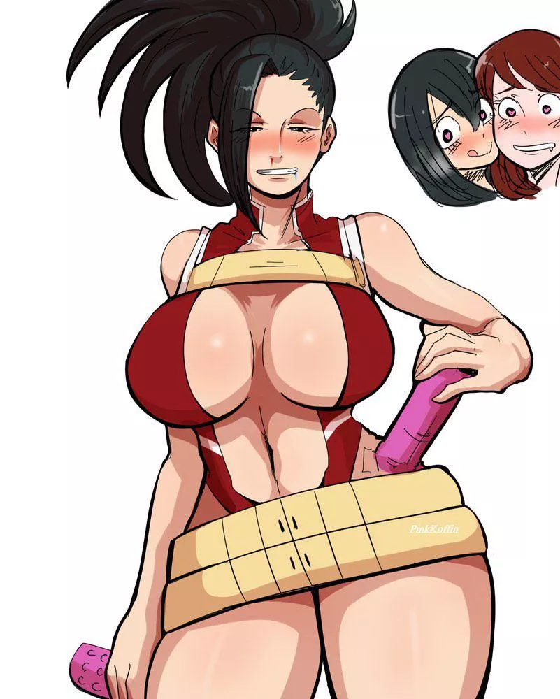 Momo preparing for lesbian fun with Ochako and Tsuyu (pinkkoffin)