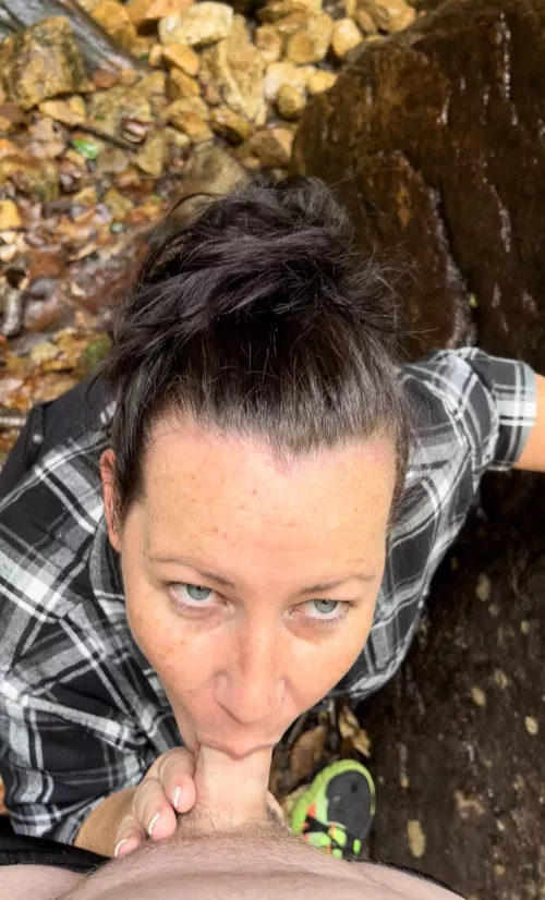 Took some time on our hike to swallow his cock.