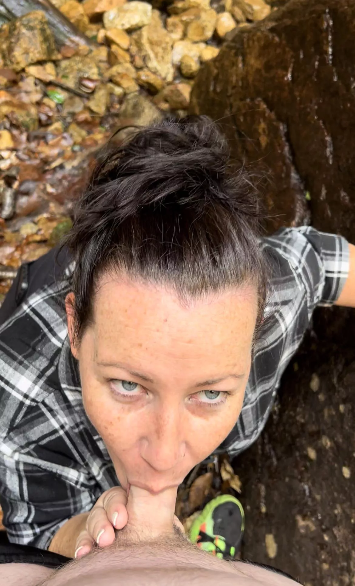 Took some time on our hike to swallow his cock.