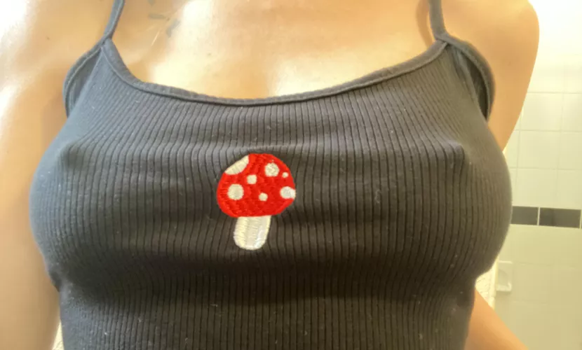 Wearing my cute mushroom 🍄 top braless