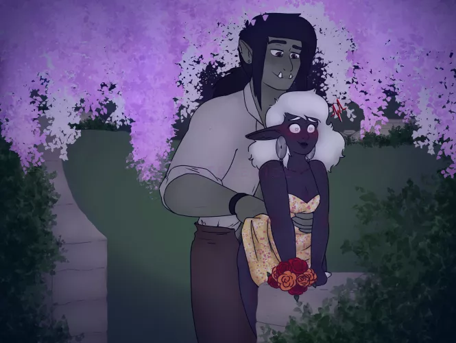 A drow and a half-orc take a romantic stroll (art by me)
