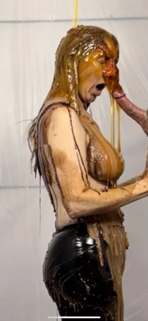 Giving a messy blow job when all of a sudden 5 litres of golden syrup is poured over my head! This was a very sticky part of this incredible blow job scene Xx