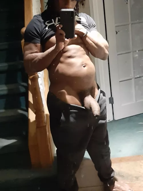 (m)pops out of grey sweatpants