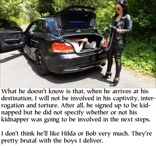 Of course he cannot hear this explanation, as She put him in an isolation hood. When Hilda removes it, he will be on his knees with a mandate to make Bob come with his mouth.