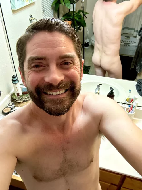 44, and fresh from the shower