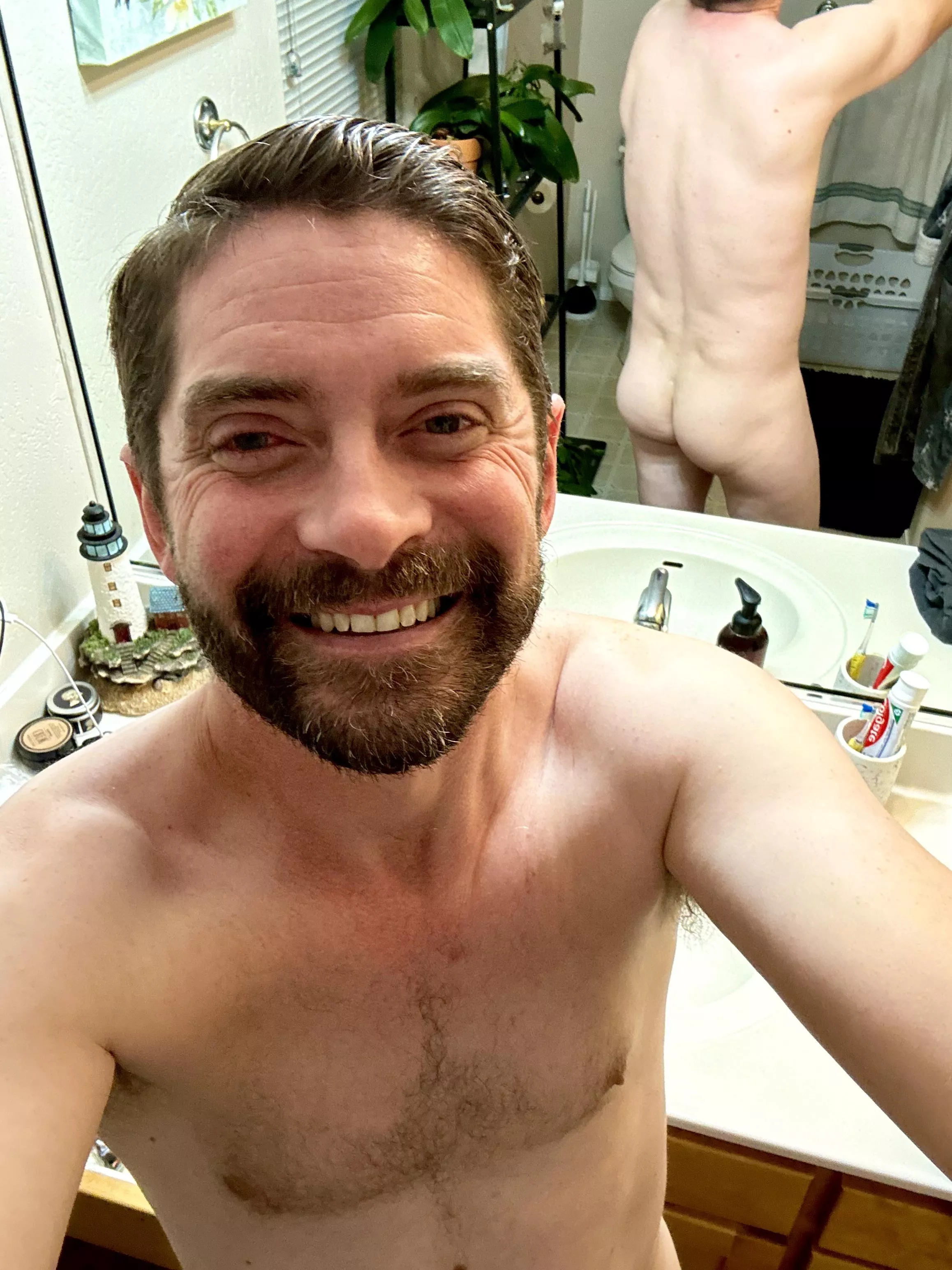 44, and fresh from the shower