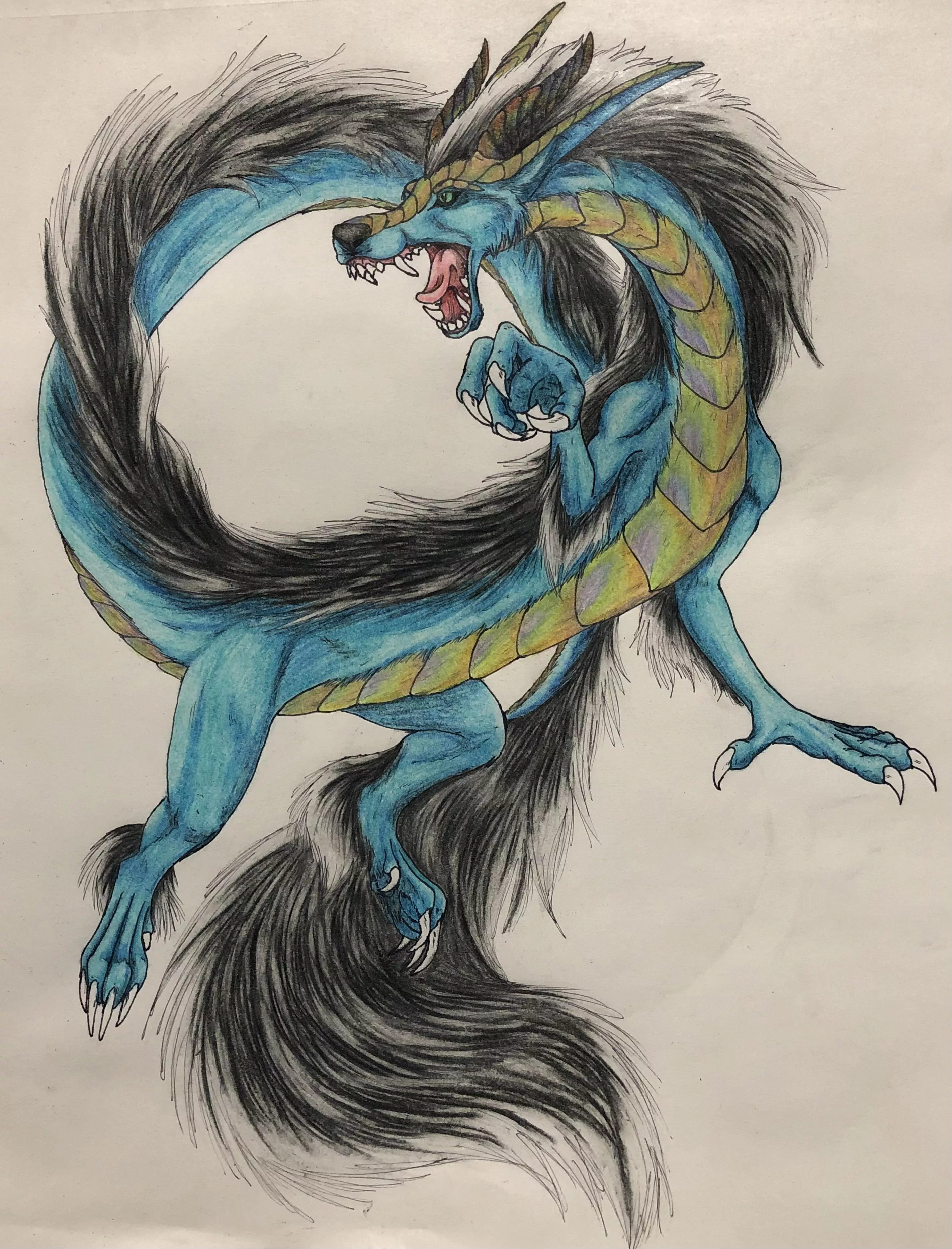 Finished the body of my dragon. I stepped out of my comfort zone with coloring and tried my hand at iridescence in both black (horns) and white/pearl (face and underbelly). Did I succeed?