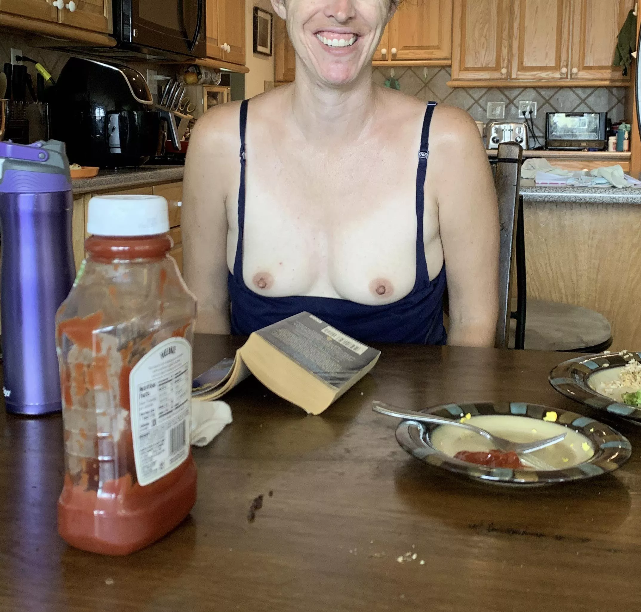 Got some curbs down my shirt. Good thing it’s nice and easy to slip down to clean up…and have fun teasing my husband.