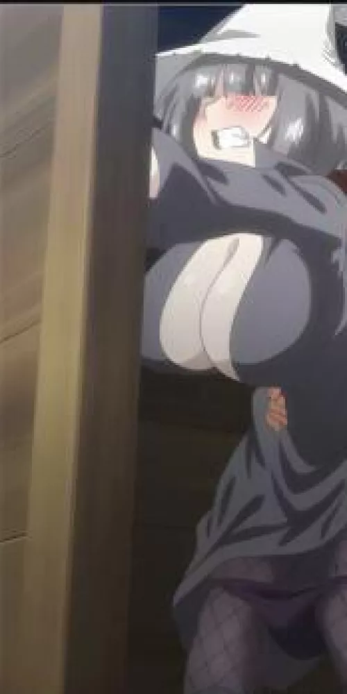 LF Color Source: 1girl, grey hair, grey clothing, grey hat, no eyes, fish nets, blushing, hands on walls, hands on waist, panties half way down, pale skin