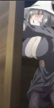 LF Color Source: 1girl, grey hair, grey clothing, grey hat, no eyes, fish nets, blushing, hands on walls, hands on waist, panties half way down, pale skin