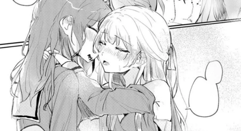 LF Mono Source: 2girls, yuri, school uniforms, tribadism (?), clothed sex (?), blonde hair, blushing, kissing, hands around neck, empty speech bubble/blank speech bubble, steamy, sweaty, eyes closed, mouth open, tongue out