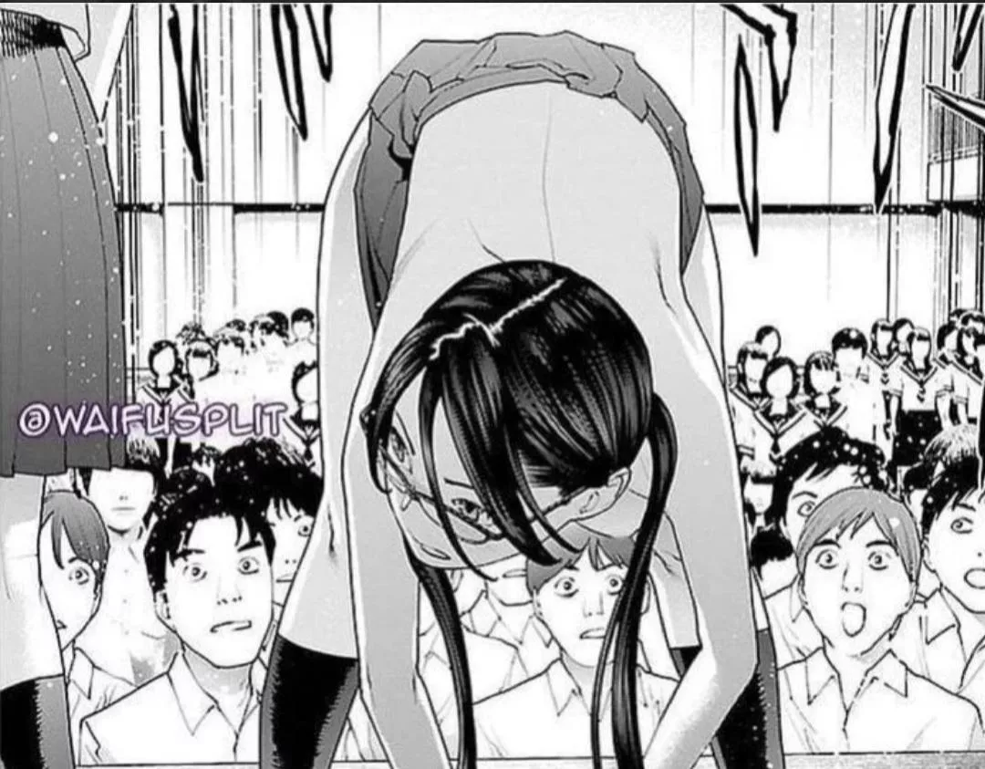 LF Mono source, school girl showing off in public assembly, glasses wearing.