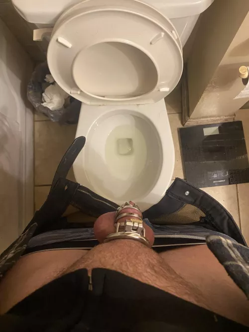 So hard to pee when your locked up for weeks without cumming