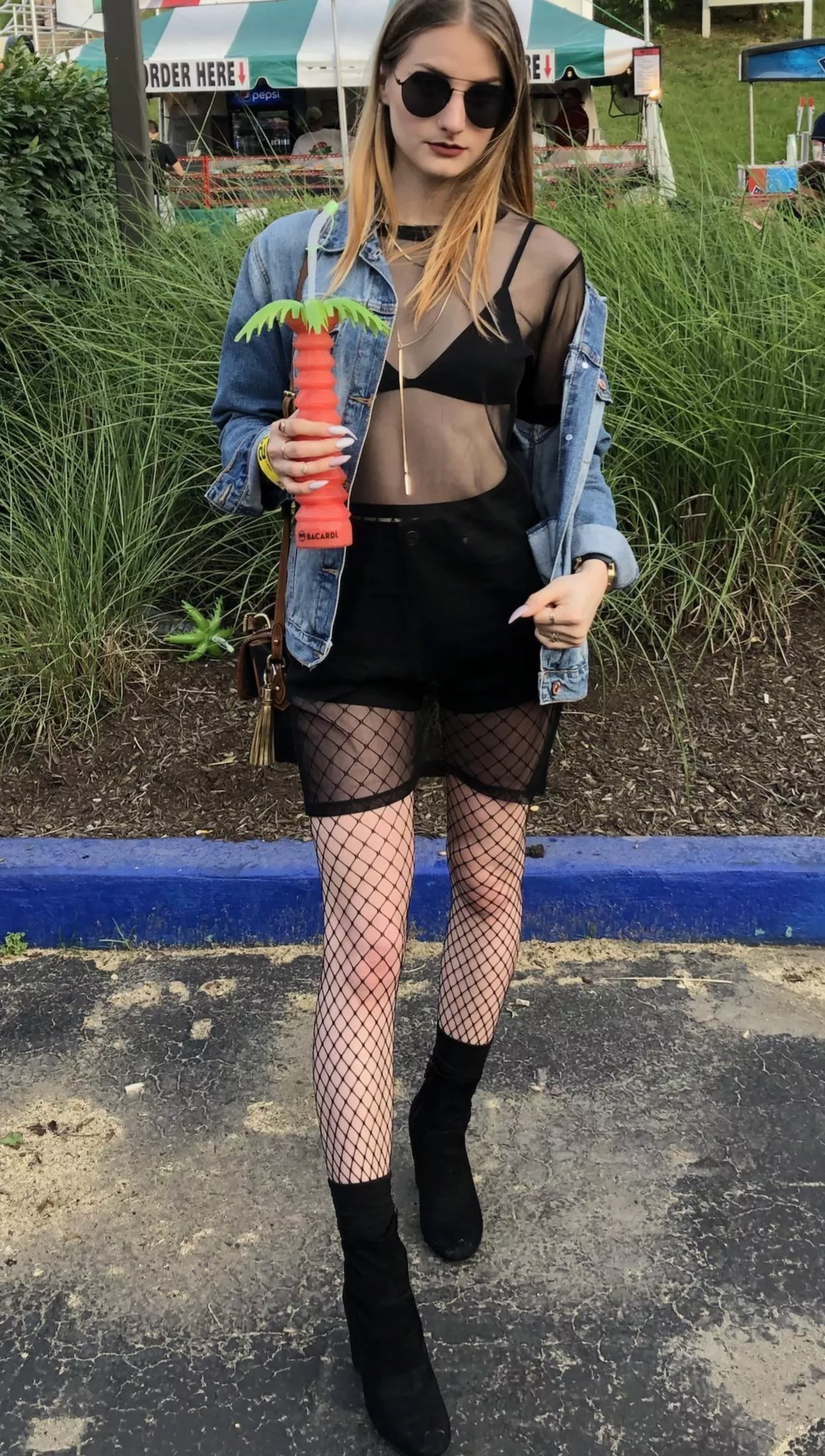 Velvet booties to complete a mesh outfit