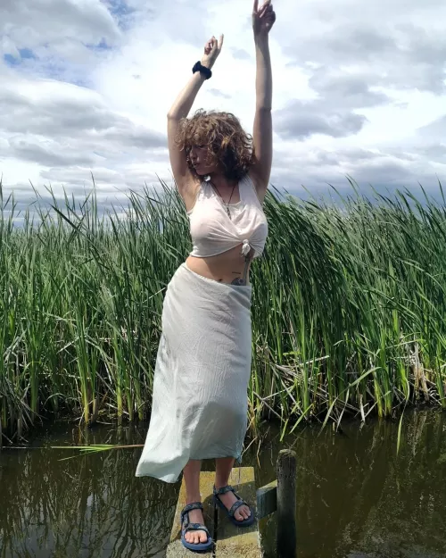 Doing the old braless boogie on the pier