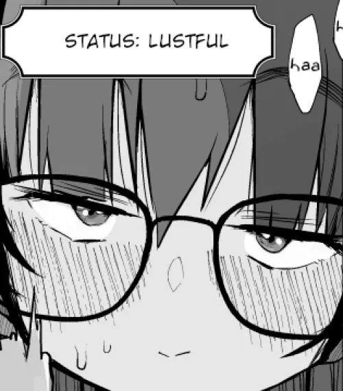 LF Mono Source STATUS LUSTFUL haa 1girl, sweat, glasses, blush